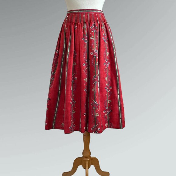 Vintage Dirndl Red Floral Print High-Waisted Midi Flared Prairie Folk Skirt - Picture 2 of 11